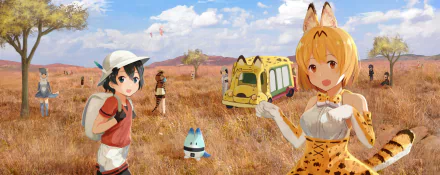 HD PC desktop wallpaper featuring Kaban, Shoebill, and Serval from the anime Kemono Friends in a scenic savanna landscape with clear skies.