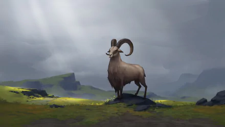HD desktop wallpaper from Northgard featuring a majestic ram standing on a rock with a dramatic, cloudy mountain landscape in the background.