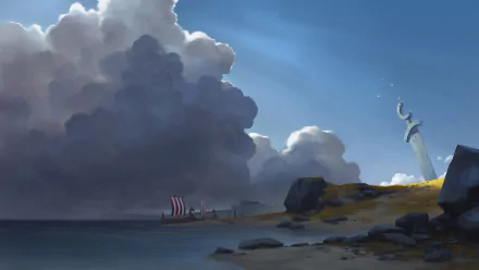 HD desktop wallpaper from Northgard featuring a serene coastal landscape with a Viking ship and a towering runestone.