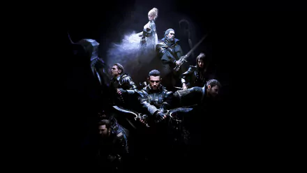 HD PC desktop wallpaper featuring characters from the movie Kingsglaive: Final Fantasy XV in a dramatic, dark-themed composition.
