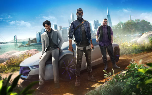 HD desktop wallpaper featuring Marcus Holloway from the video game Watch Dogs 2, standing with two other characters in front of a car with a cityscape and bridge in the background.