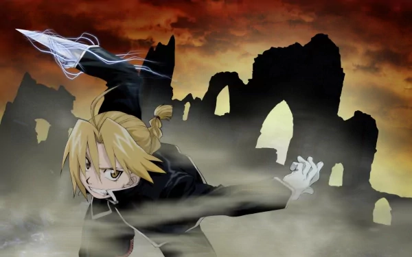 A dynamic HD wallpaper featuring Edward Elric from Fullmetal Alchemist, set against a dramatic backdrop of ruins and an intense sunset sky.
