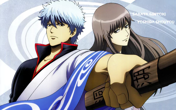 An 8K Ultra HD anime wallpaper featuring Gintama characters Sakata Gintoki and Yoshida Shouyou with dynamic poses and detailed artwork.