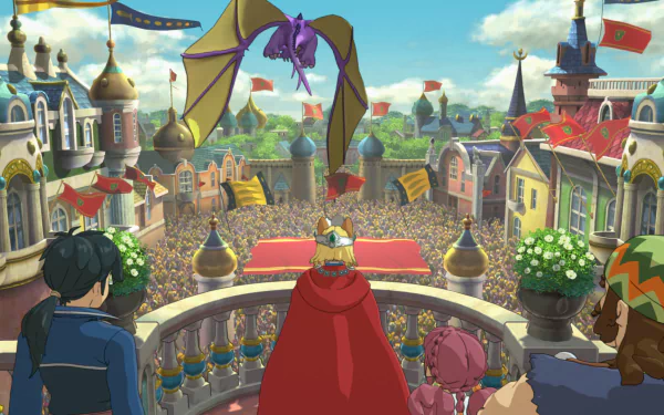 HD wallpaper from Ni no Kuni II: Revenant Kingdom featuring characters observing a festive crowd from a balcony.