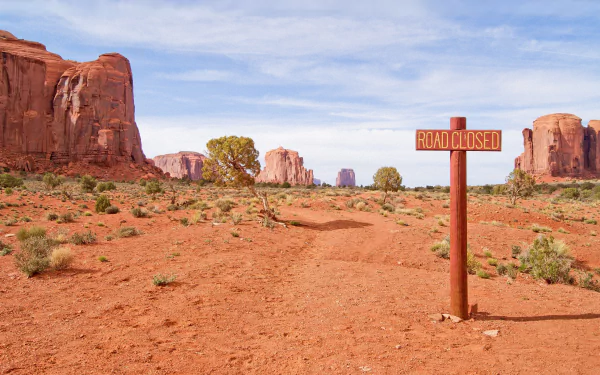 4K Ultra HD nature wallpaper showcasing Monument Valley's iconic red rock formations under a cloudy sky with a Road Closed sign in the foreground.