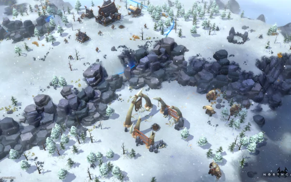 HD desktop wallpaper featuring a snowy landscape from the game Northgard with structures and trees.