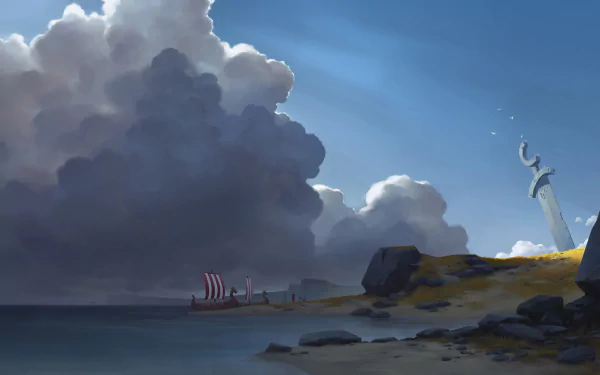 HD desktop wallpaper from Northgard featuring a serene coastal landscape with a Viking ship and a towering runestone.