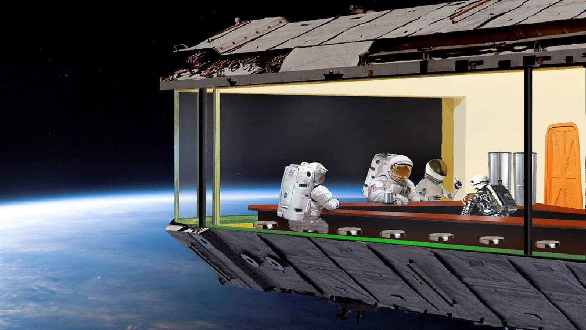 Sci-fi robot serving food in space-themed diner with astronaut customer - humorous wallpaper.