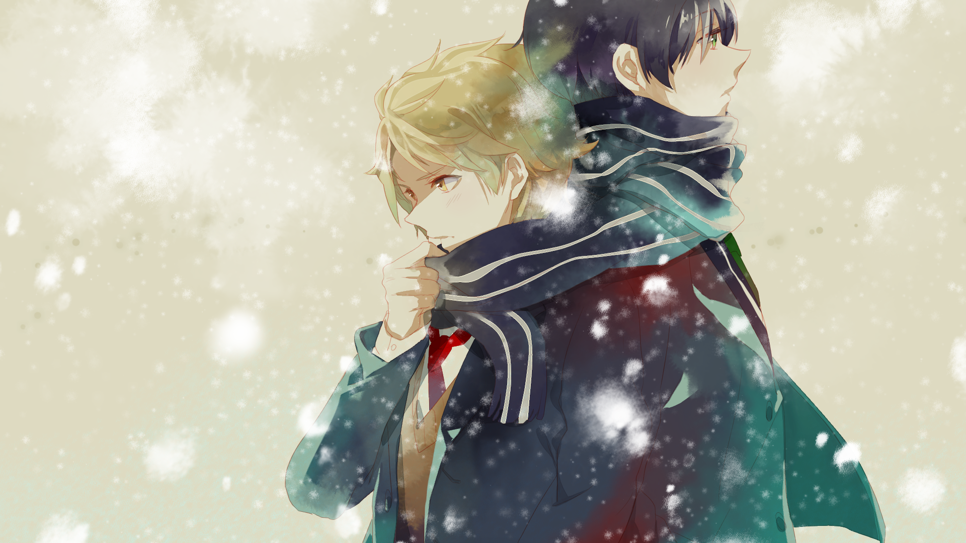 HD PC desktop wallpaper featuring Hiroomi Nase and Akihito Kanbara from the anime Beyond the Boundary, set against a snowy, softly glowing background.