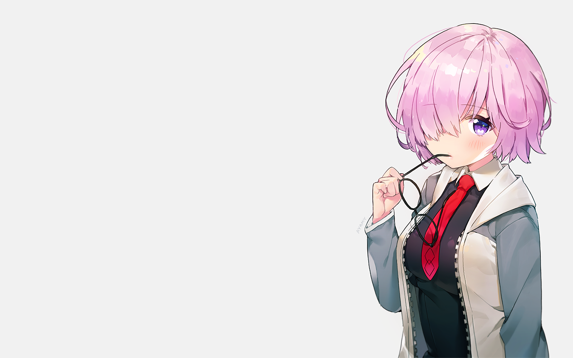 HD PC desktop wallpaper featuring Shielder from Fate/Grand Order in anime style, with pink hair, glasses, and a detailed outfit against a plain background.