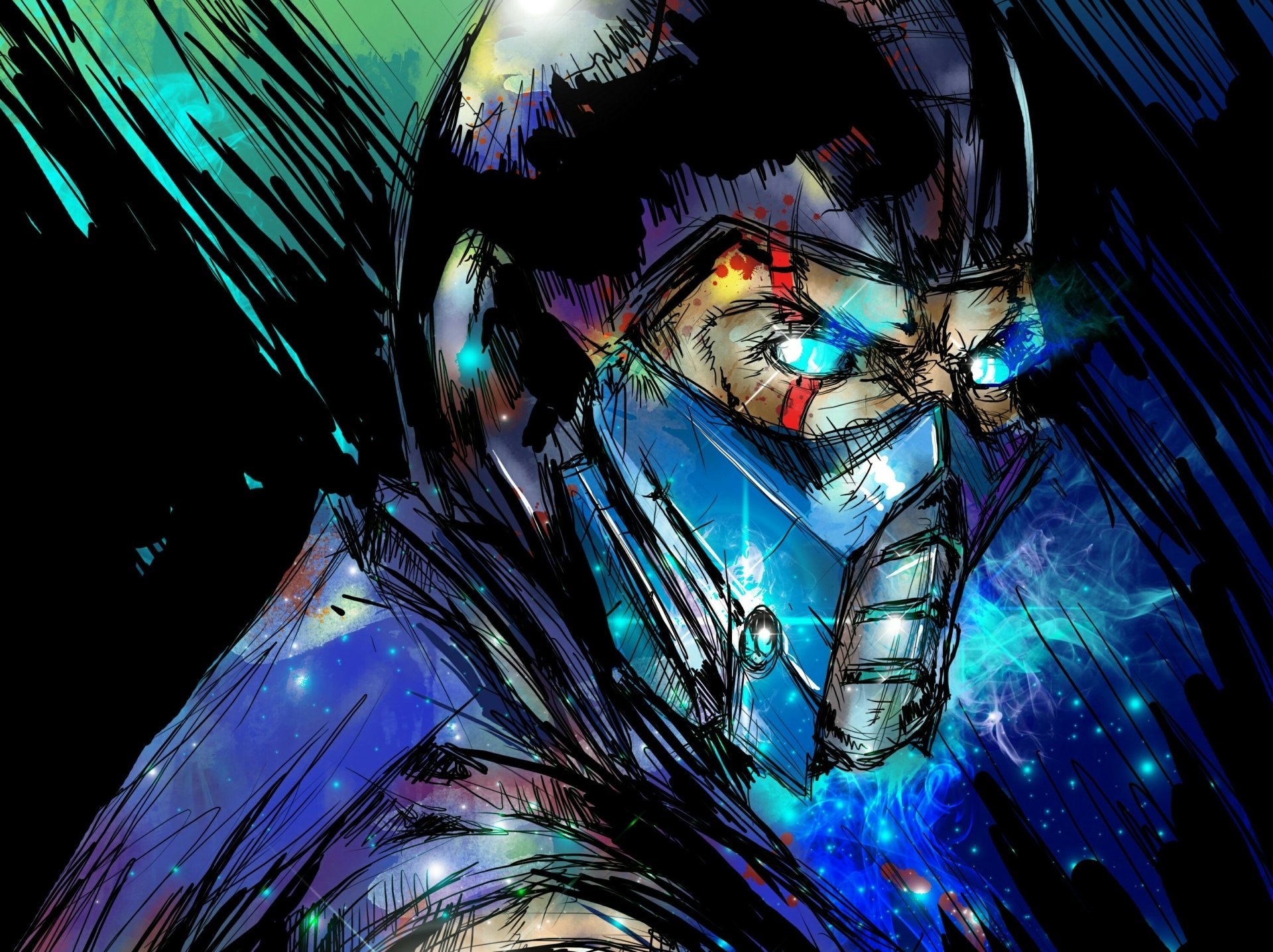 HD PC desktop wallpaper featuring Sub-Zero from Mortal Kombat, showcasing his iconic mask and glowing blue eyes in a dynamic, vibrant video game art style.