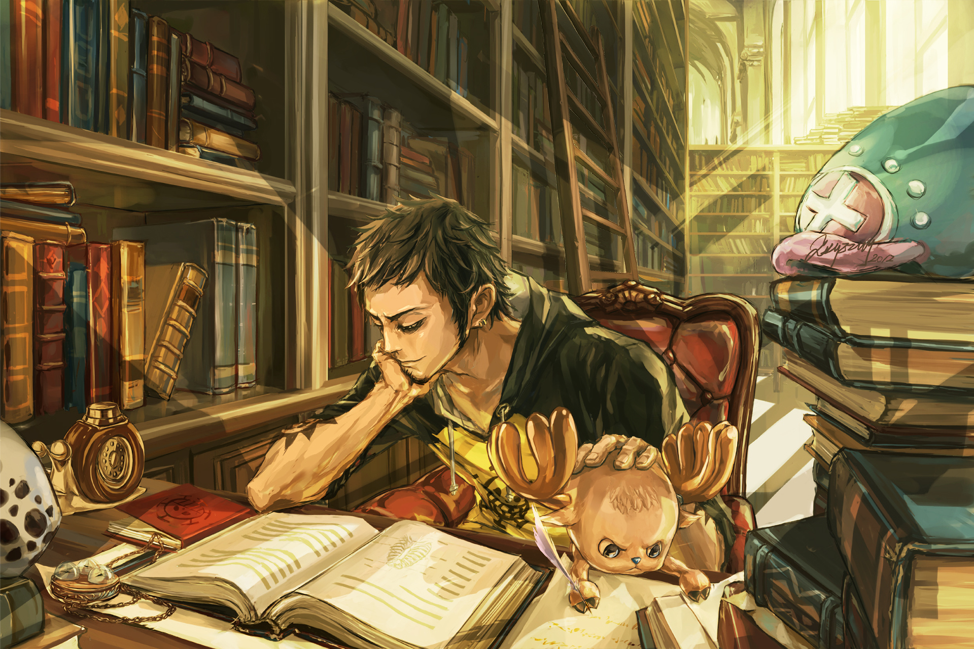 An HD desktop wallpaper featuring Trafalgar Law and Tony Tony Chopper from the anime One Piece. Law is reading in a library, with Chopper beside him on the desk amidst an ambient light setting.