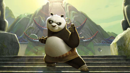 HD desktop wallpaper featuring Po from the movie Kung Fu Panda, striking a martial arts pose on stone steps with a mountainous temple background.