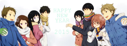 HD wallpaper featuring anime characters Hōtarō Oreki, Mitsuki Nase, Hiroomi Nase, Mirai Kuriyama, Akihito Kanbara, Mayaka Ibara, Satoshi Fukube, and Eru Chitanda wishing a Happy New Year 2015.