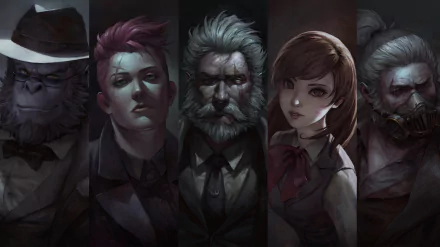 HD desktop wallpaper featuring Overwatch characters Winston, Zarya, Reinhardt, D.Va, and Roadhog. The characters are depicted in a dark, detailed, portrait art style.