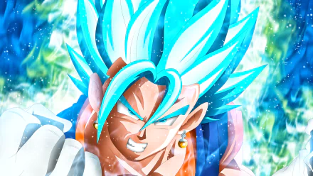 HD desktop wallpaper featuring SSGSS Vegito from Dragon Ball Super, showcasing his intense expression and vivid blue aura with a dynamic background.