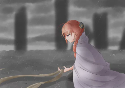 Kouka (Gintama) anime 2K Quad HD desktop wallpaper — cloaked with braided hair, holding flowing ribbons on a rainy shore beneath looming dark pillars.