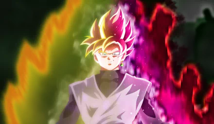 HD desktop wallpaper featuring Black Goku in his Super Saiyan Rosé form from Dragon Ball Super, surrounded by vibrant green and pink energy auras.