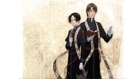 HD PC desktop wallpaper featuring two male anime characters from Vatican Kiseki Chousakan, dressed in ornate clerical robes against a light, textured background.