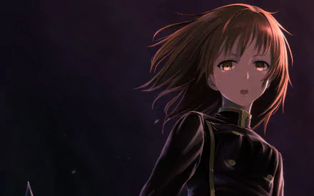 HD desktop wallpaper featuring an anime character from SukaSuka with light brown hair and a dark outfit, set against a dark, moody background.