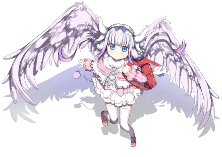 HD desktop wallpaper featuring Kanna Kamui from the anime Miss Kobayashi's Dragon Maid, showcasing her with wings, wearing a pink and white outfit, and carrying a red backpack against a white background.
