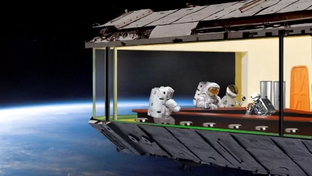 Astronauts and a robot sit at a diner counter in space, with Earth visible in the background. This humorous sci-fi wallpaper combines elements of NASA, space exploration, and vintage diner culture.