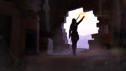 HD PC wallpaper featuring Lara Croft, the iconic woman warrior from the 2013 Tomb Raider video game, silhouetted against a break in a stone wall.