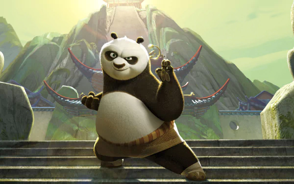 HD desktop wallpaper featuring Po from the movie Kung Fu Panda, striking a martial arts pose on stone steps with a mountainous temple background.