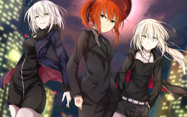 HD desktop wallpaper featuring anime characters Fujimaru Ritsuka, Ruler, and Saber from Fate/Grand Order, standing confidently against a cityscape background, dressed in stylish black outfits.