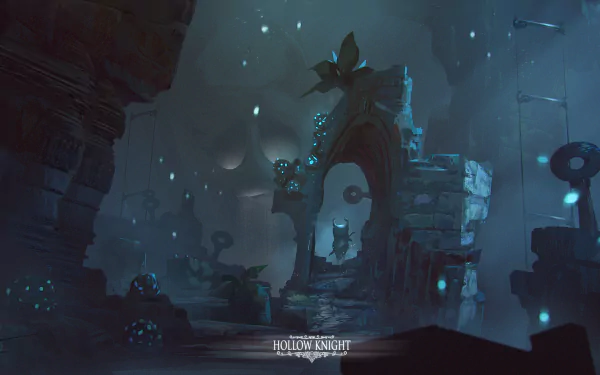 HD desktop wallpaper featuring a mystical scene from Hollow Knight with ethereal blue tones and floating objects.