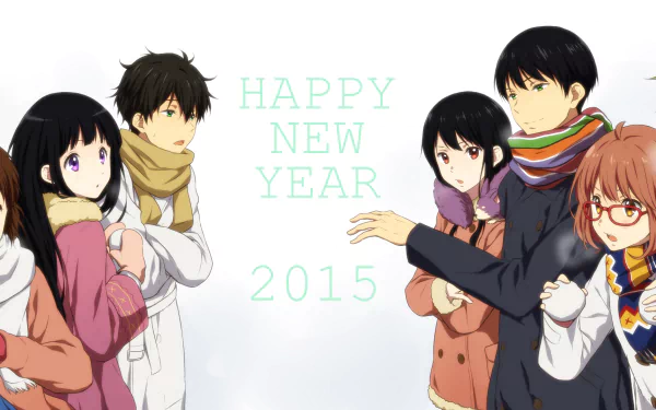 HD wallpaper featuring anime characters Hōtarō Oreki, Mitsuki Nase, Hiroomi Nase, Mirai Kuriyama, Akihito Kanbara, Mayaka Ibara, Satoshi Fukube, and Eru Chitanda wishing a Happy New Year 2015.