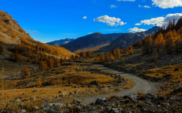 4K Ultra HD PC desktop wallpaper: winding dirt road through an autumn mountain valley, golden fall trees and rocky slopes beneath a vivid blue sky — nature landscape.