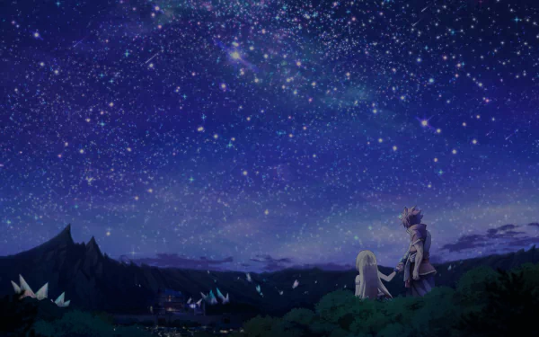 Anime HD desktop wallpaper featuring characters from Fairy Tail Movie 2: Dragon Cry, with a stunning night sky filled with stars as the backdrop.