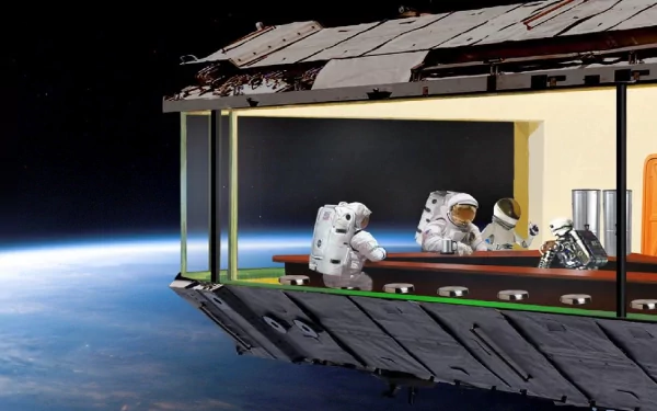 Astronauts and a robot sit at a diner counter in space, with Earth visible in the background. This humorous sci-fi wallpaper combines elements of NASA, space exploration, and vintage diner culture.