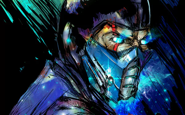 HD PC desktop wallpaper featuring Sub-Zero from Mortal Kombat, showcasing his iconic mask and glowing blue eyes in a dynamic, vibrant video game art style.