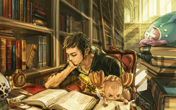 An HD desktop wallpaper featuring Trafalgar Law and Tony Tony Chopper from the anime One Piece. Law is reading in a library, with Chopper beside him on the desk amidst an ambient light setting.