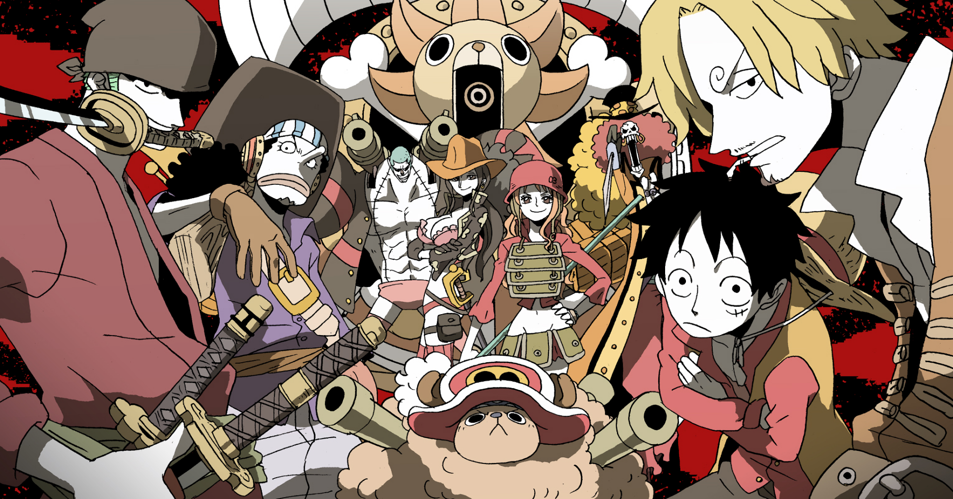 HD desktop wallpaper featuring the One Piece crew—Luffy, Zoro, Nami, Sanji, Usopp, Chopper, Robin, Franky, Brook—and the Thousand Sunny ship in vibrant anime style.