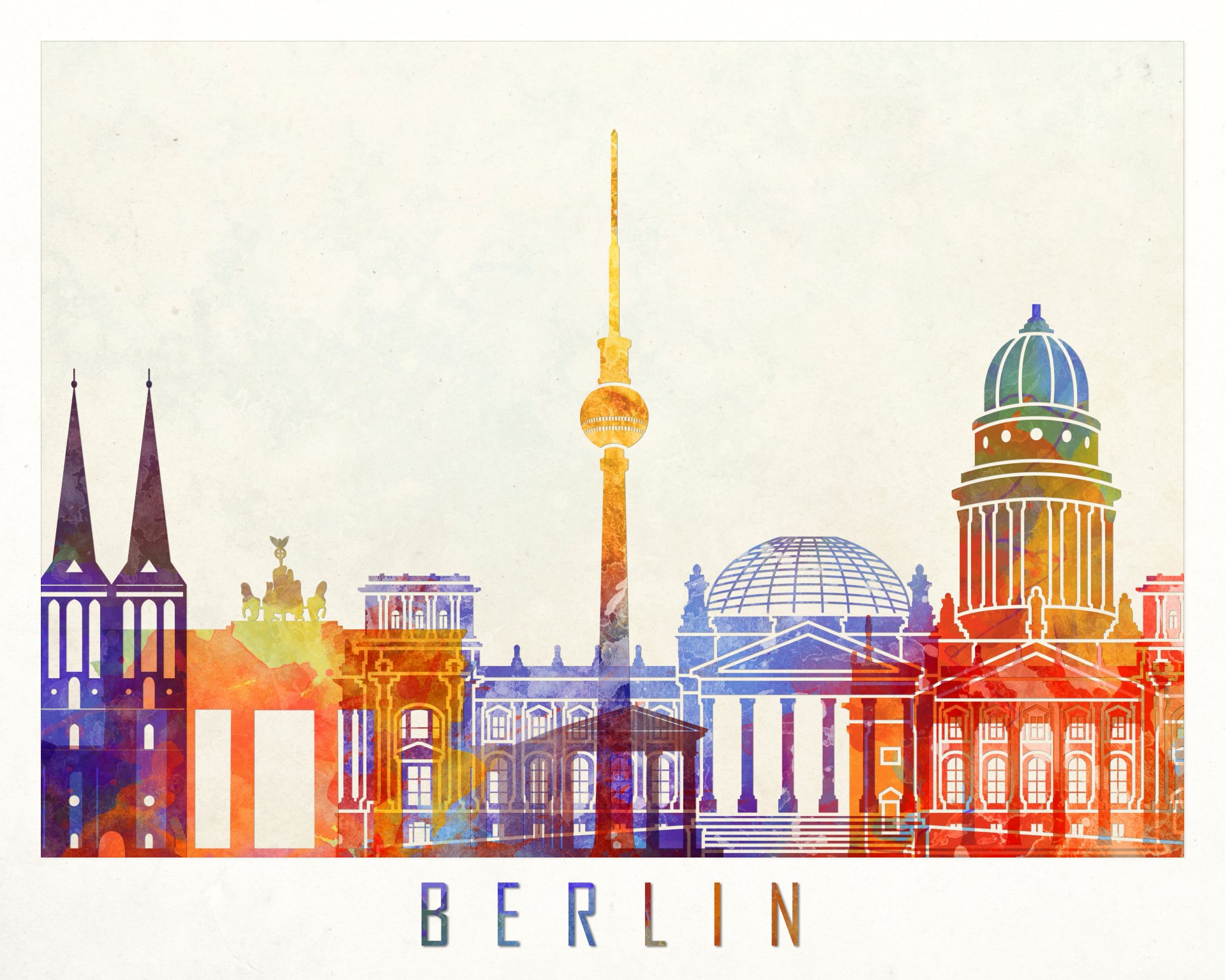 Colorful 8K Ultra HD artwork of iconic man-made Berlin landmarks, showcasing the city's distinctive architectural skyline as a vibrant PC desktop wallpaper.