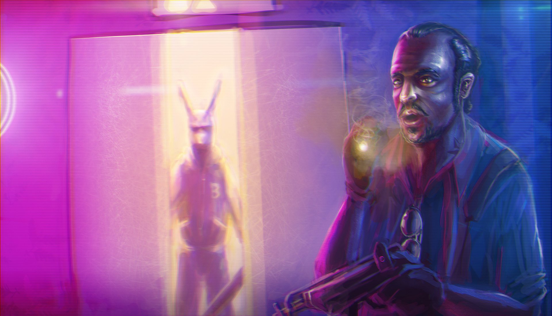 HD PC desktop wallpaper featuring a dark, intense scene inspired by the video game Hotline Miami, with a character holding a gun and a glowing figure in the background.