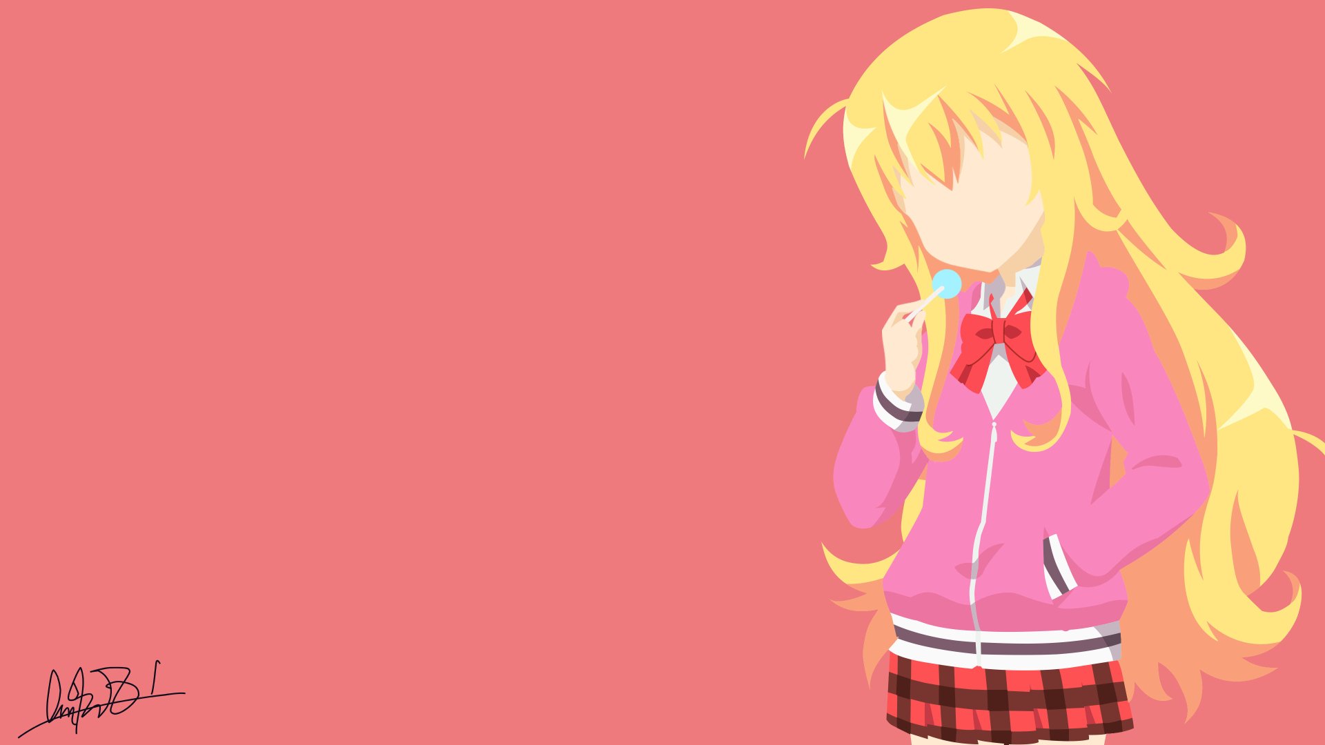 Minimalist 4K Ultra HD anime wallpaper of Gabriel Tenma White from Gabriel DropOut, featuring her iconic blonde hair and school uniform against a solid pink background.