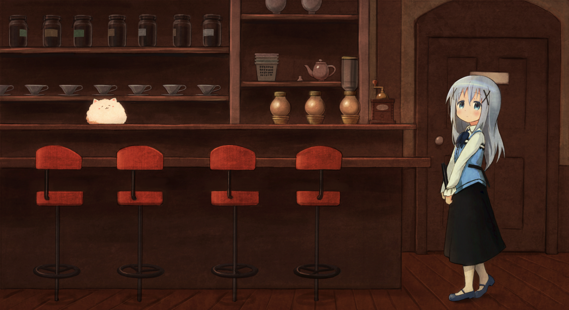 HD PC wallpaper featuring Chino Kafū from the anime Is the Order a Rabbit, standing beside a cozy, dimly lit café counter with red stools and teapots on shelves.