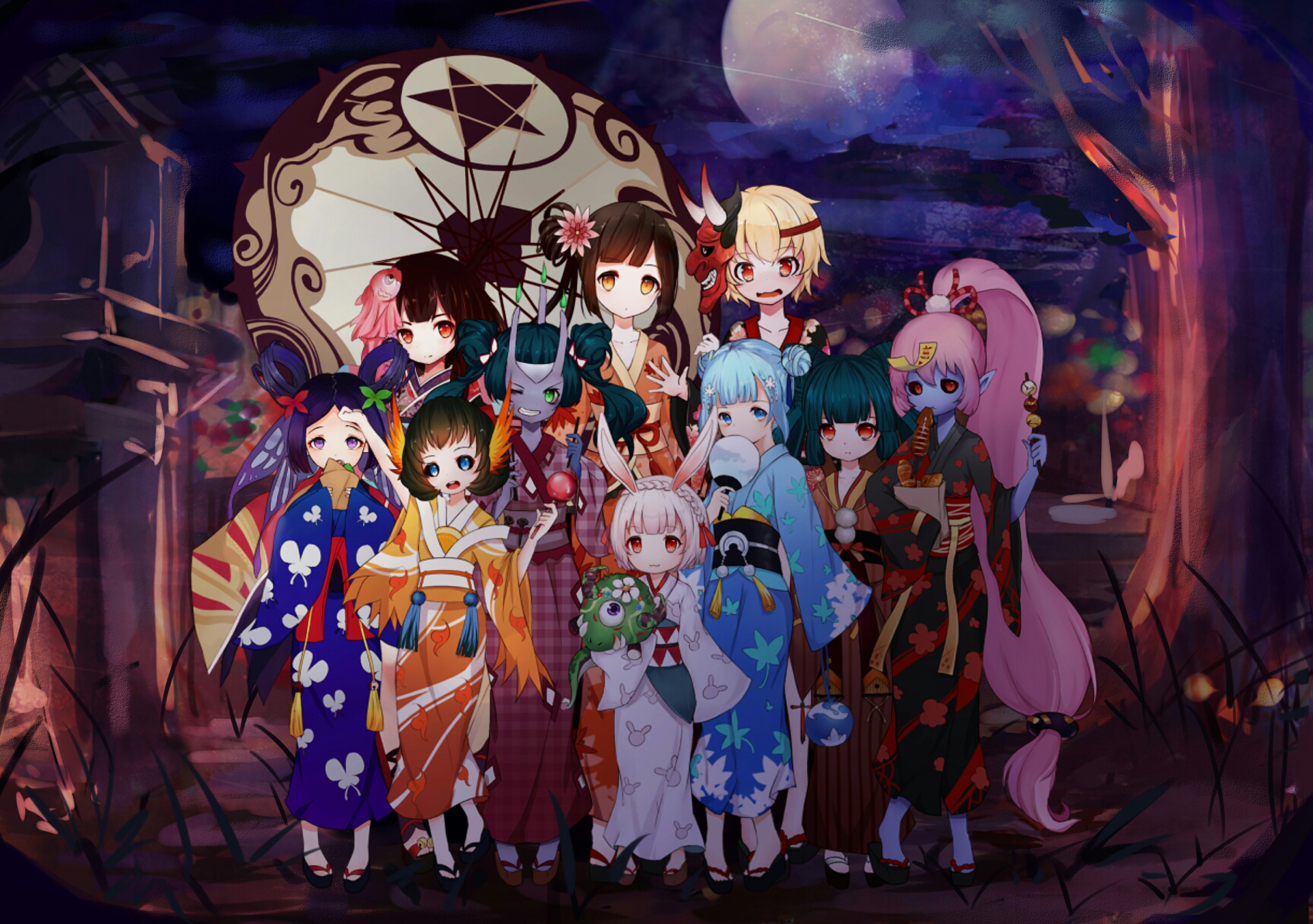 Anime-style Onmyoji characters gather in traditional attire under a moonlit night, designed as a vibrant HD PC desktop wallpaper and background.