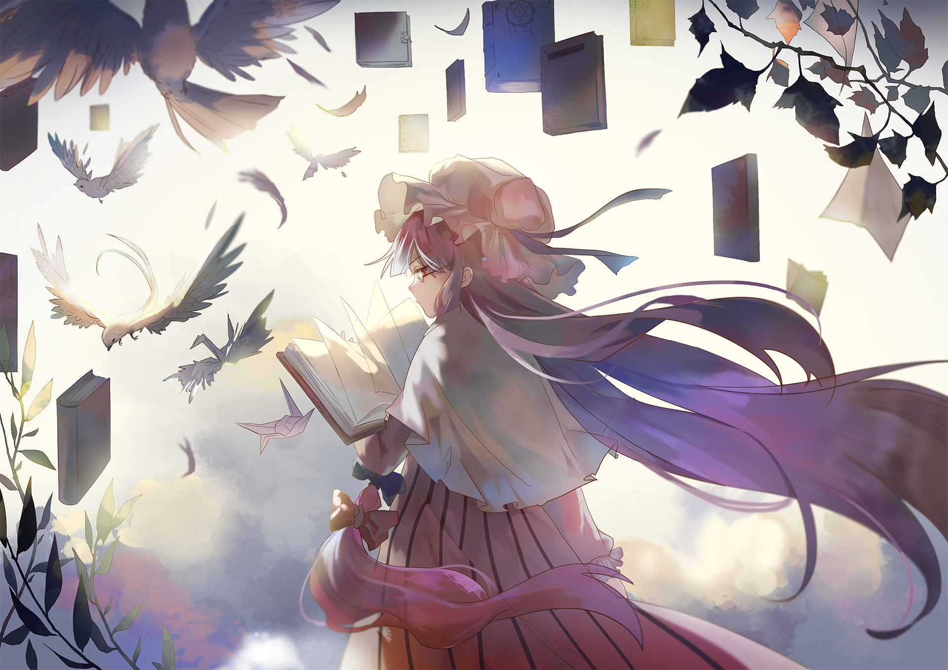 HD anime desktop wallpaper featuring Patchouli Knowledge from Touhou, depicted reading a glowing book surrounded by flying birds and floating light panels in a mystical atmosphere.