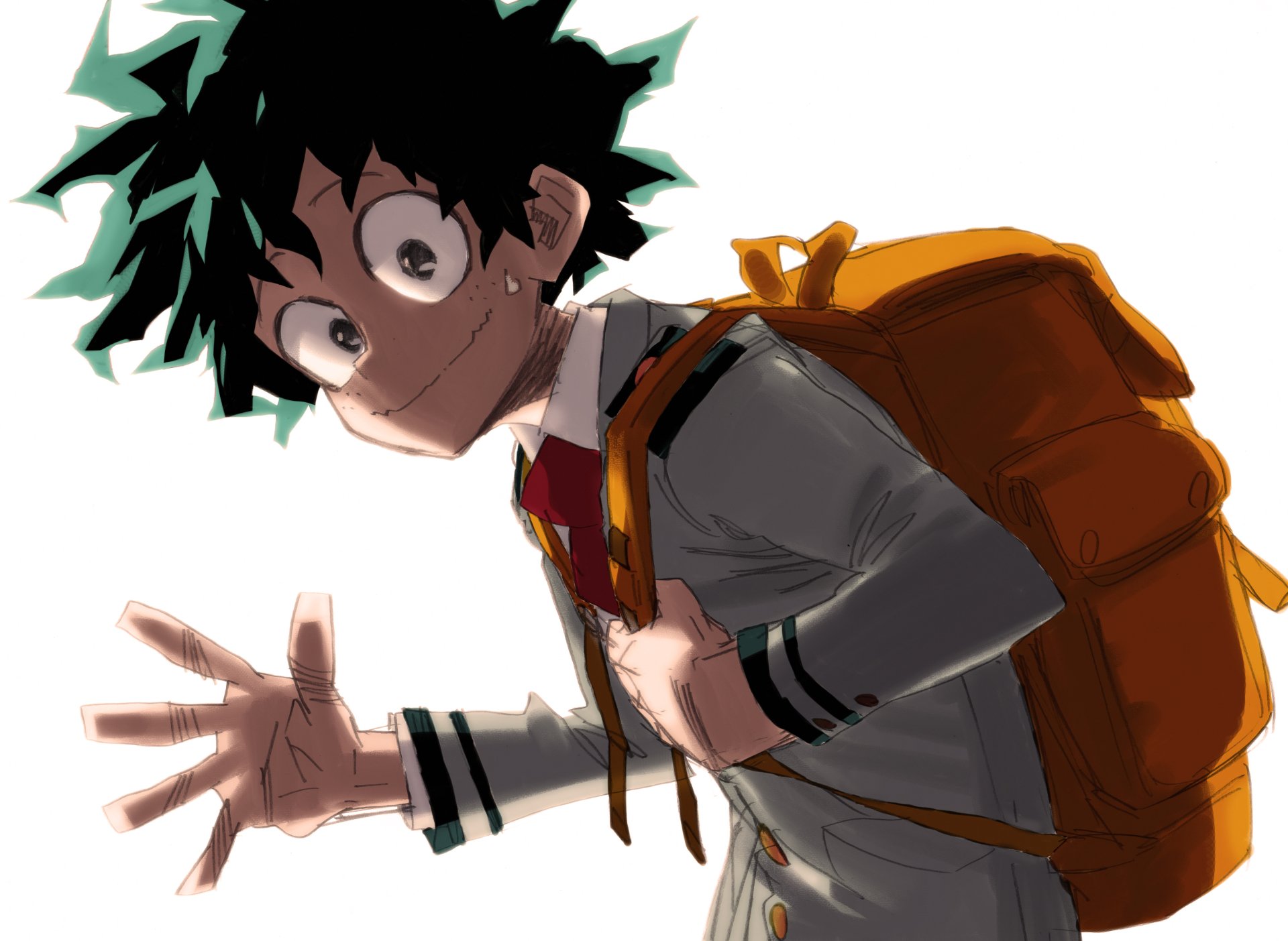 HD desktop wallpaper featuring Izuku Midoriya from the anime My Hero Academia in a school uniform with a yellow backpack, smiling and waving.