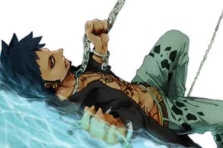 An HD desktop wallpaper featuring Trafalgar Law from Anime One Piece, lying down with black hair, grey hair, earrings, and a chain, in a water-themed setting.