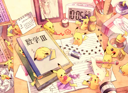 A vibrant anime-themed HD desktop wallpaper featuring multiple Pikachu characters from Pokemon, surrounded by study materials and desk items in a colorful setting.