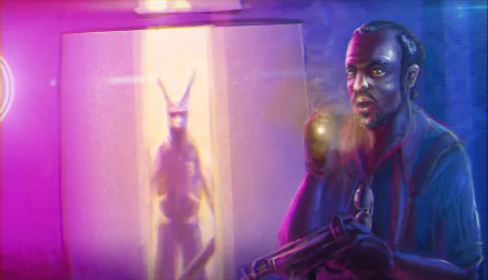 HD PC desktop wallpaper featuring a dark, intense scene inspired by the video game Hotline Miami, with a character holding a gun and a glowing figure in the background.