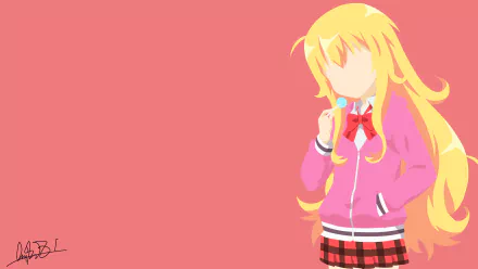 Minimalist 4K Ultra HD anime wallpaper of Gabriel Tenma White from Gabriel DropOut, featuring her iconic blonde hair and school uniform against a solid pink background.