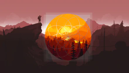 Polyscape-style 4K Ultra HD Firewatch video game wallpaper featuring a silhouetted figure on a cliff overlooking a vibrant orange sun against a mountainous forest backdrop.
