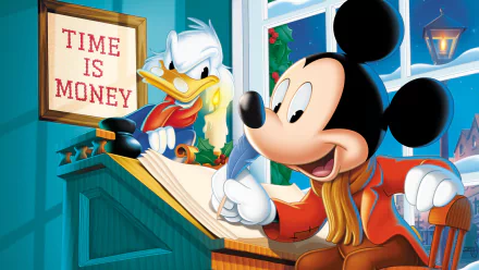 HD PC desktop wallpaper featuring Mickey Mouse and Scrooge McDuck in a scene from the movie Mickey's Christmas Carol, with a Time is Money sign in the background.